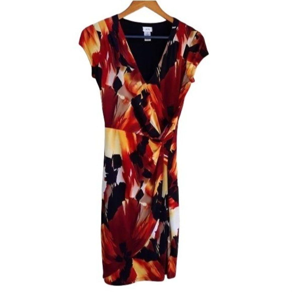 Vtg Cache Fiery Tropical Floral Mock‎ Wrap Dress Stretch Bodycon Cap Sleeve Sz M